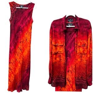 Carole Little Vintage Rayon Slip Dress & Button Down Shirt Set Red Orange Sz 14